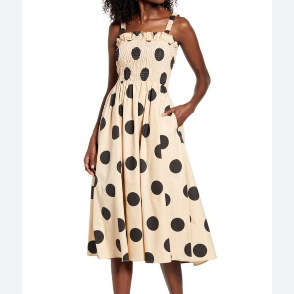 English Factory Polka Dot Midi Dress in Black and Cream